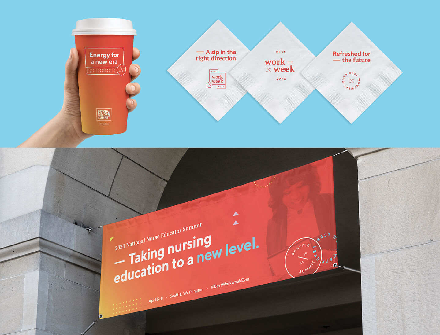 Hand holding a red-orange coffee cup with event branding, napkins with motivational slogans, and a large summit banner with bold typography.