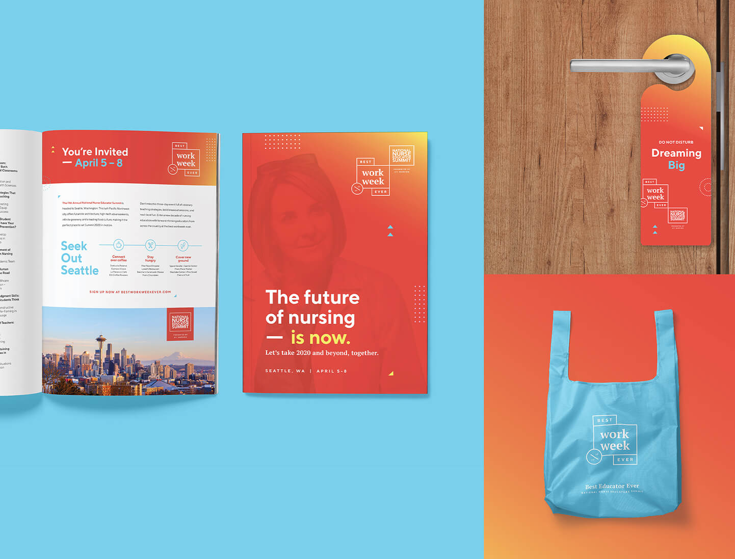 Event magazine spread, poster, branded door hanger, and reusable blue tote bag with nursing summit graphics.