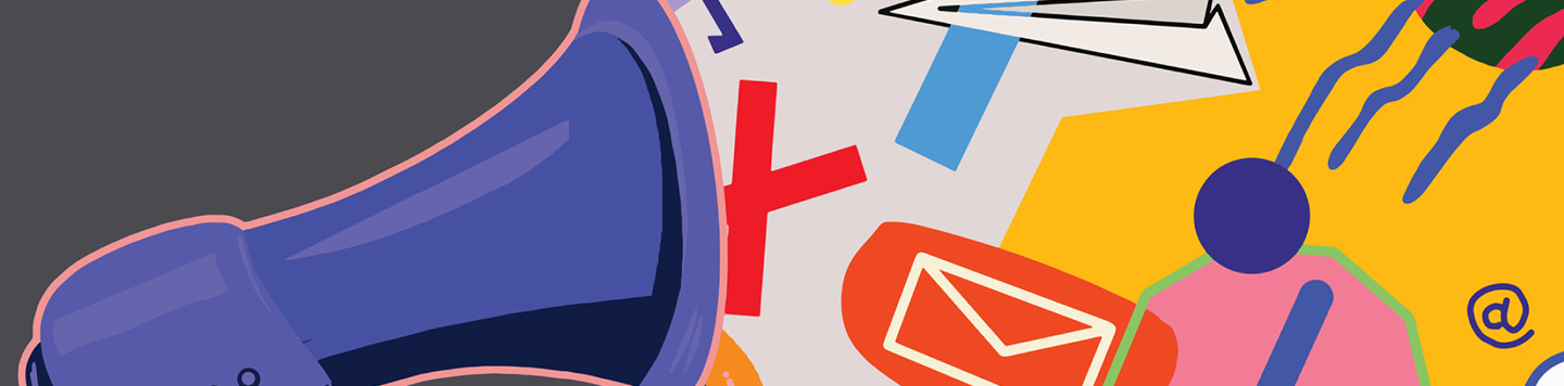 Illustration of a purple megaphone with colorful icons including envelopes, letters, people, and symbols on a bright abstract background.