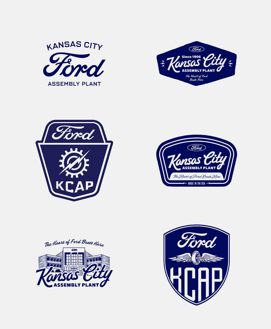 Six navy blue and white logo designs featuring Ford branding, KCAP initials, gears, wings, and plant illustrations.