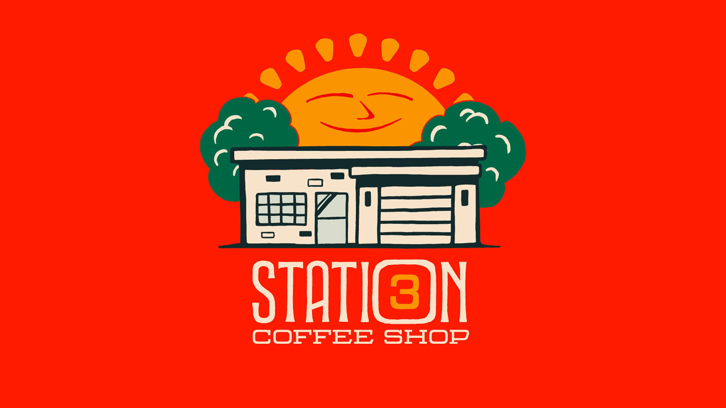 Illustrated logo of Station 3 Coffee Shop featuring a small building with trees, a smiling sunrise, and bold text on a red background.
