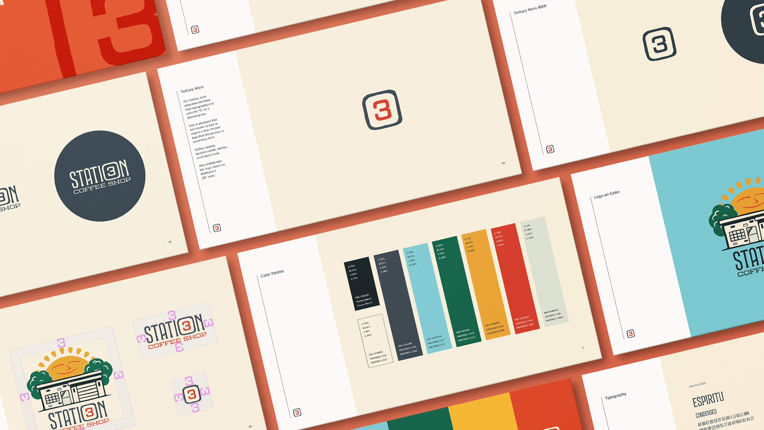 Flat lay of Station 3 Coffee Shop branding materials showing logo variations, color palette, typography, and design applications.
