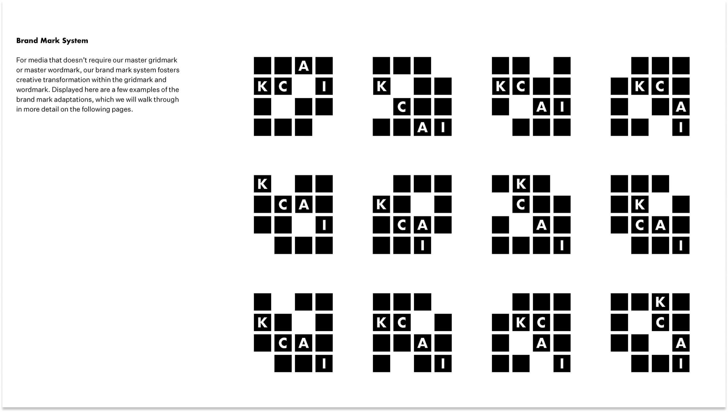 Grid of black square logo adaptations showing different arrangements of the KCAI crossword-style letters within modular grid patterns.