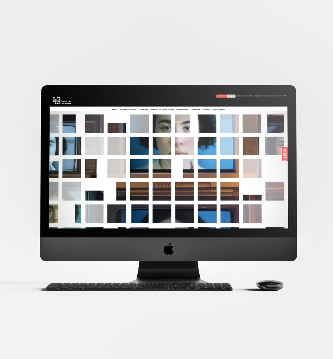 iMac displaying the Kansas City Art Institute website with a grid-style layout overlaying images of student artwork and photography.