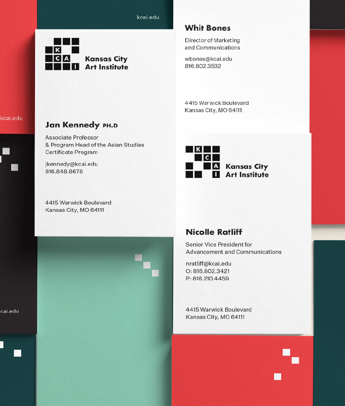 Business cards for Kansas City Art Institute featuring the KCAI crossword-style logo, names, titles, contact information, and modern layouts.