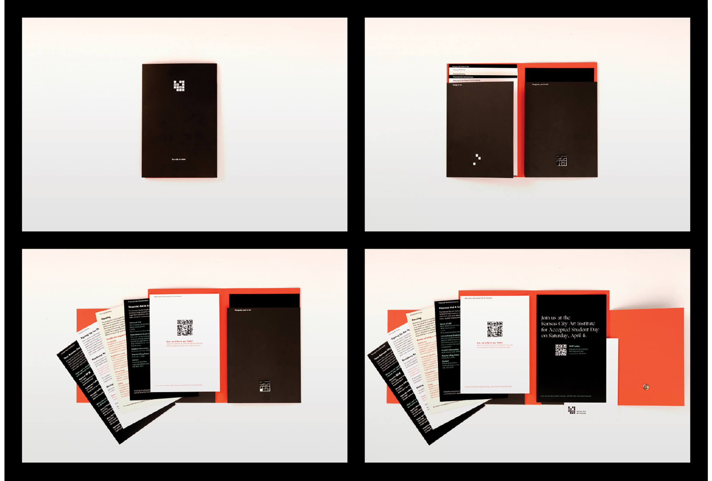 Set of Kansas City Art Institute admissions folders and inserts in black, white, and red, featuring the KCAI grid-style branding and QR codes.