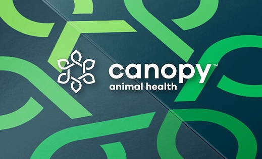 White Canopy Animal Health logo with leaf icon overlaying a dark background featuring green geometric shapes.