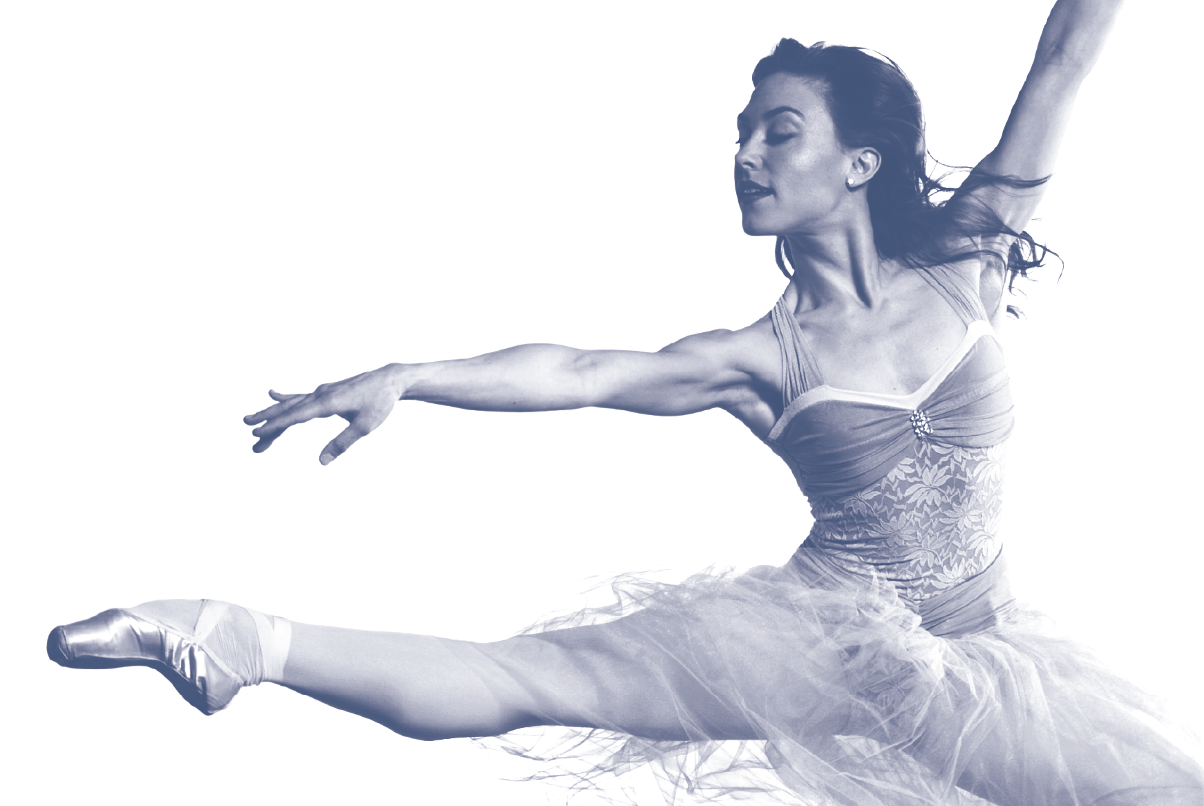 Black and white photograph of a ballet dancer in a high, dramatic leap or extension